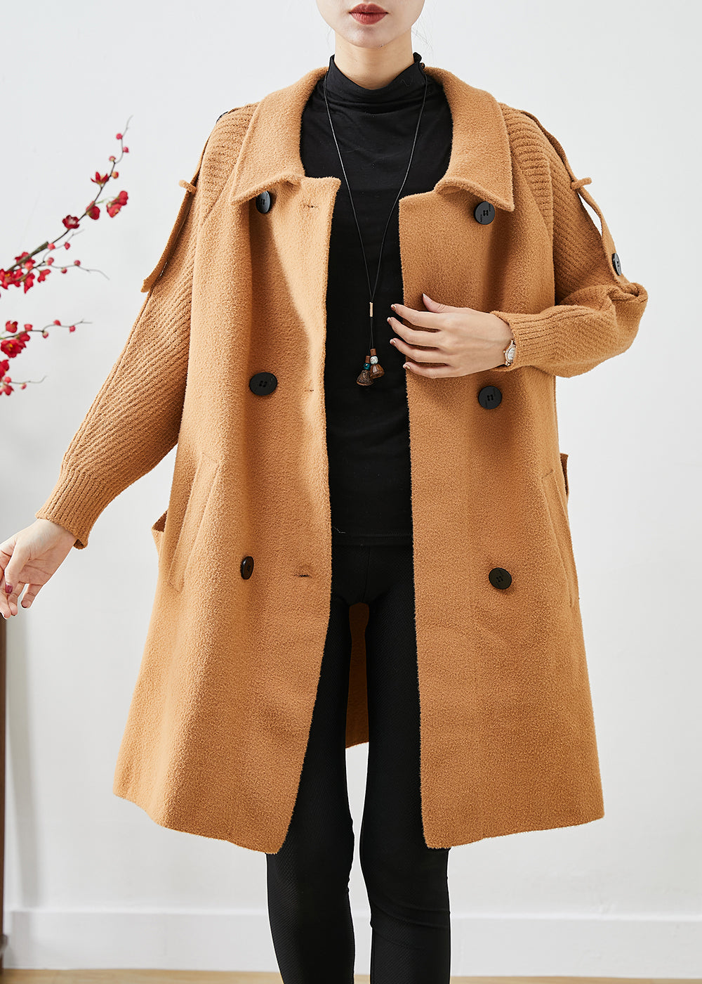 Light Camel Double Breast Patchwork Knit Woolen Trench Coats Fall