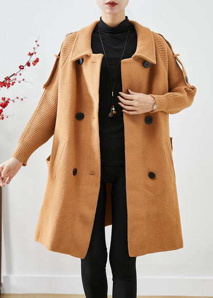 Light Camel Double Breast Patchwork Knit Woolen Trench Coats Fall