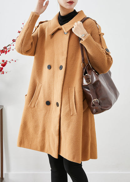 Light Camel Double Breast Patchwork Knit Woolen Trench Coats Fall