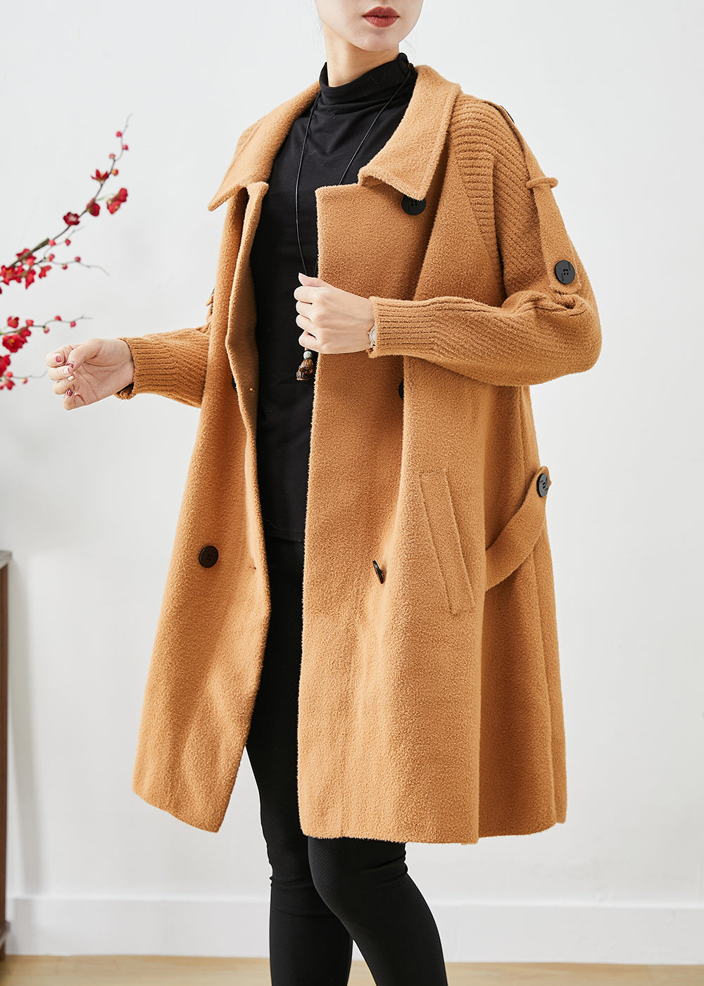 Light Camel Double Breast Patchwork Knit Woolen Trench Coats Fall