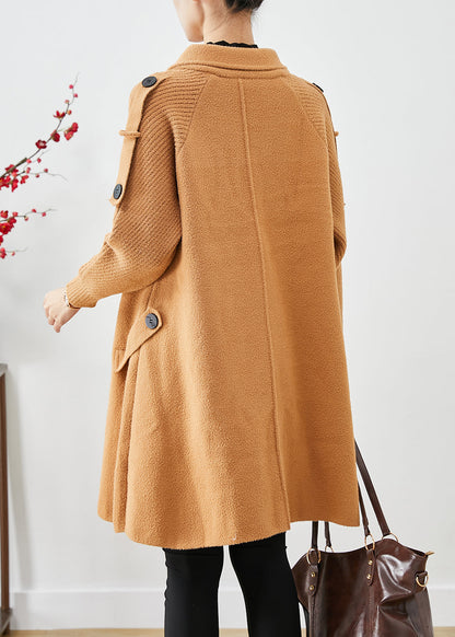 Light Camel Double Breast Patchwork Knit Woolen Trench Coats Fall