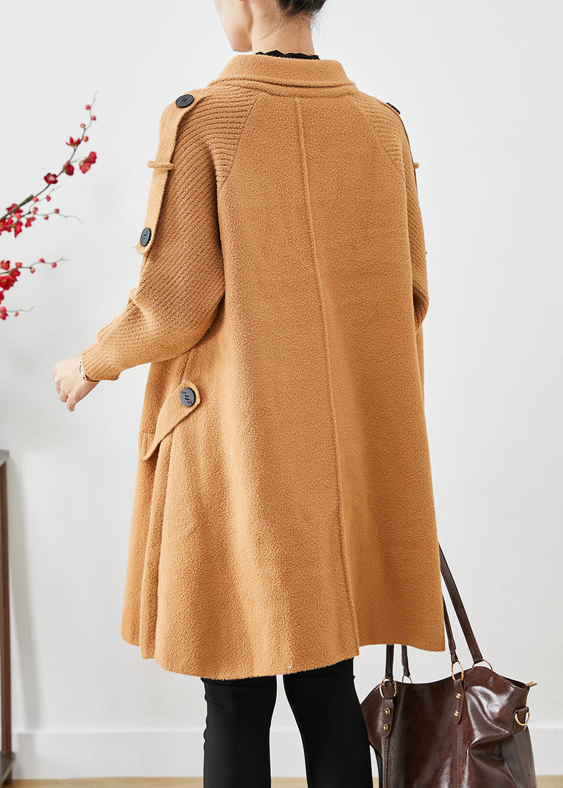 Light Camel Double Breast Patchwork Knit Woolen Trench Coats Fall