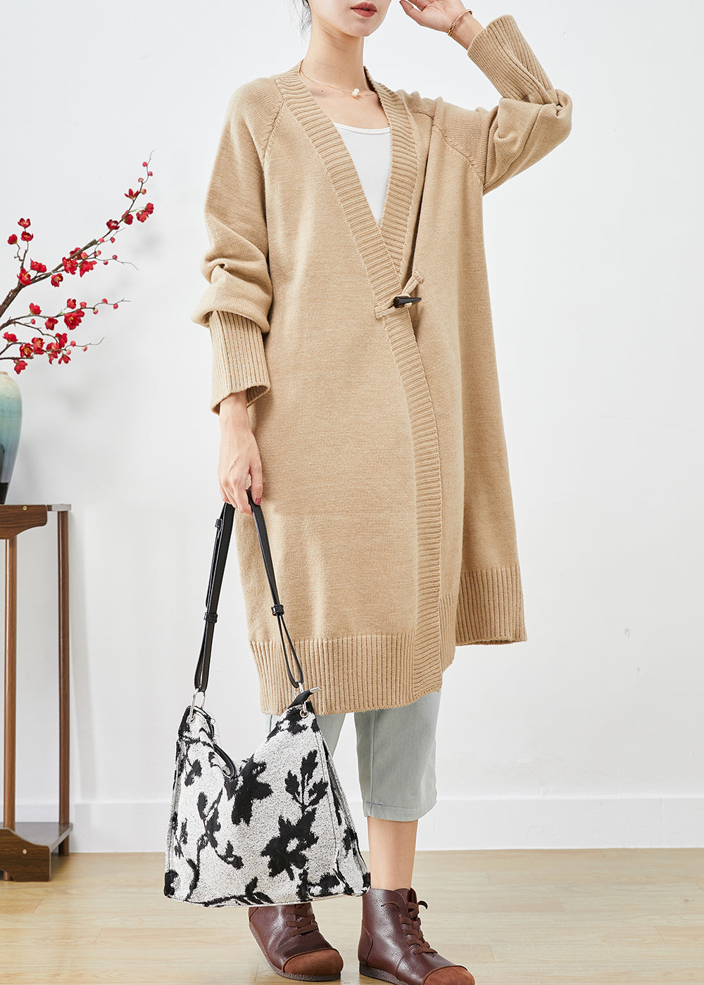 Light Camel Oversized Horn Button Knit Loose Coat Fall