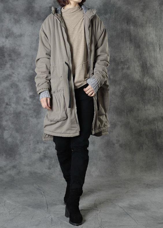 Light Green Hooded Pockets Winter Tie Waist Cotton Puffer Jacket Long Sleeve