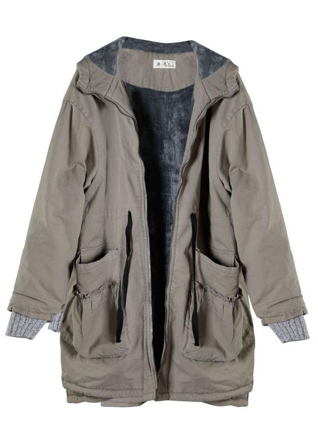 Light Green Hooded Pockets Winter Tie Waist Cotton Puffer Jacket Long Sleeve