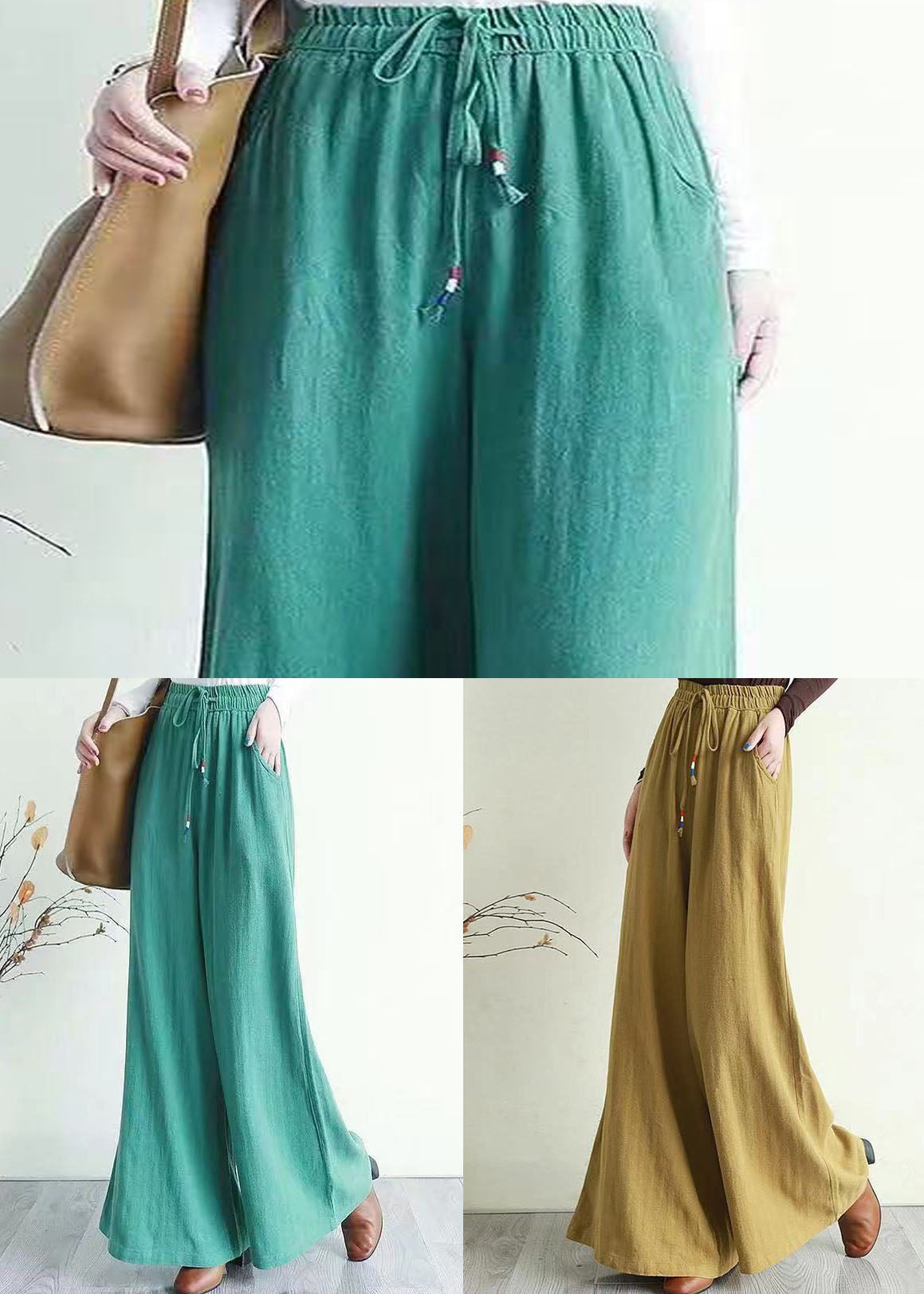 Light Green Pockets Patchwork Drawstring Cotton Pants Spring
