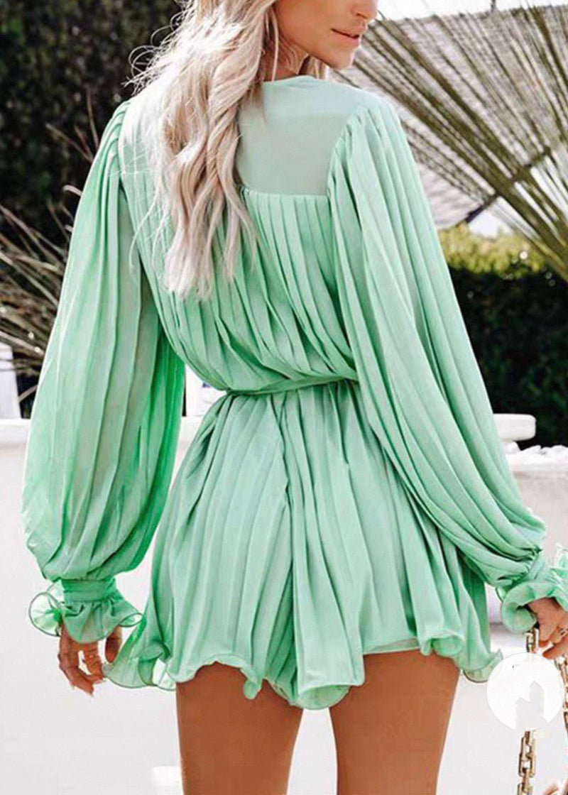 Light Green V Neck Wrinkled Mid Dresses Fall