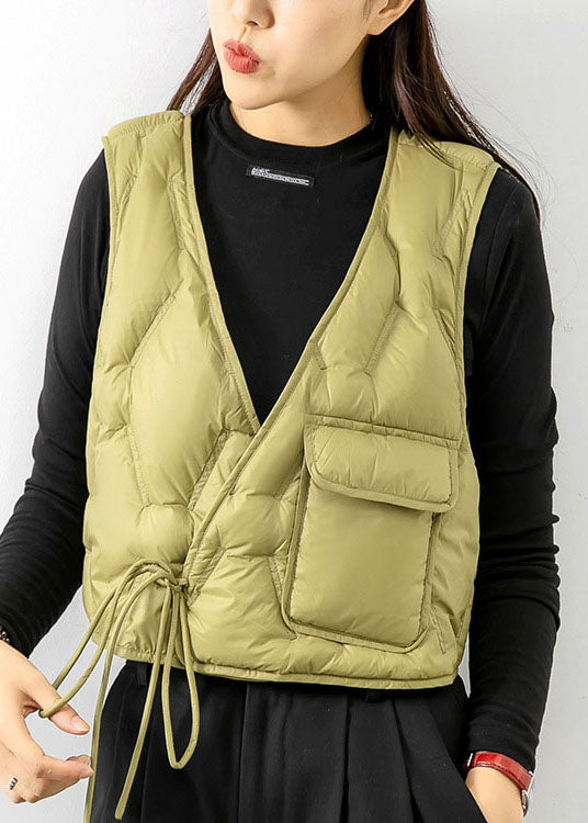 Light Green V Neck Tie Waist Winter Sleeveless Down Vest