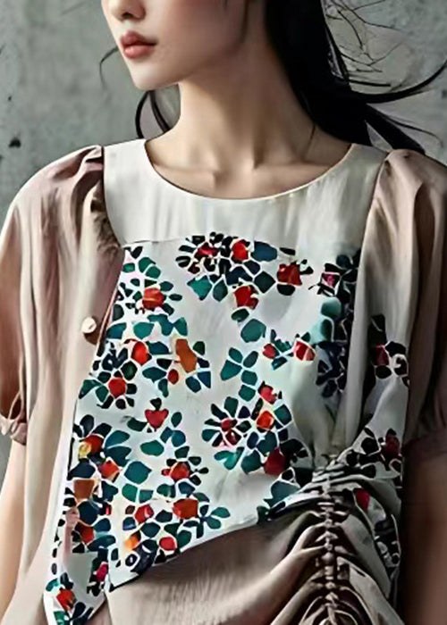 Light Pink Print Drawstring Cotton Shirt Summer