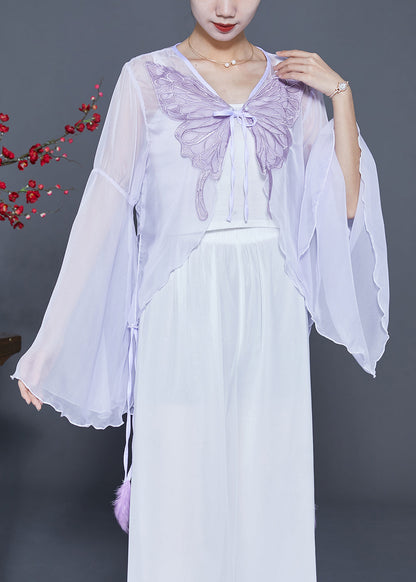 Light Purple Butterfly Embroideried Chiffon Cardigan Flare Sleeve