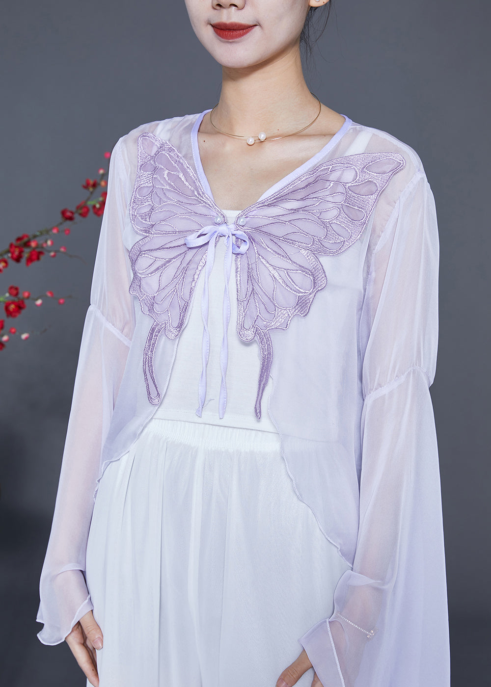 Light Purple Butterfly Embroideried Chiffon Cardigan Flare Sleeve