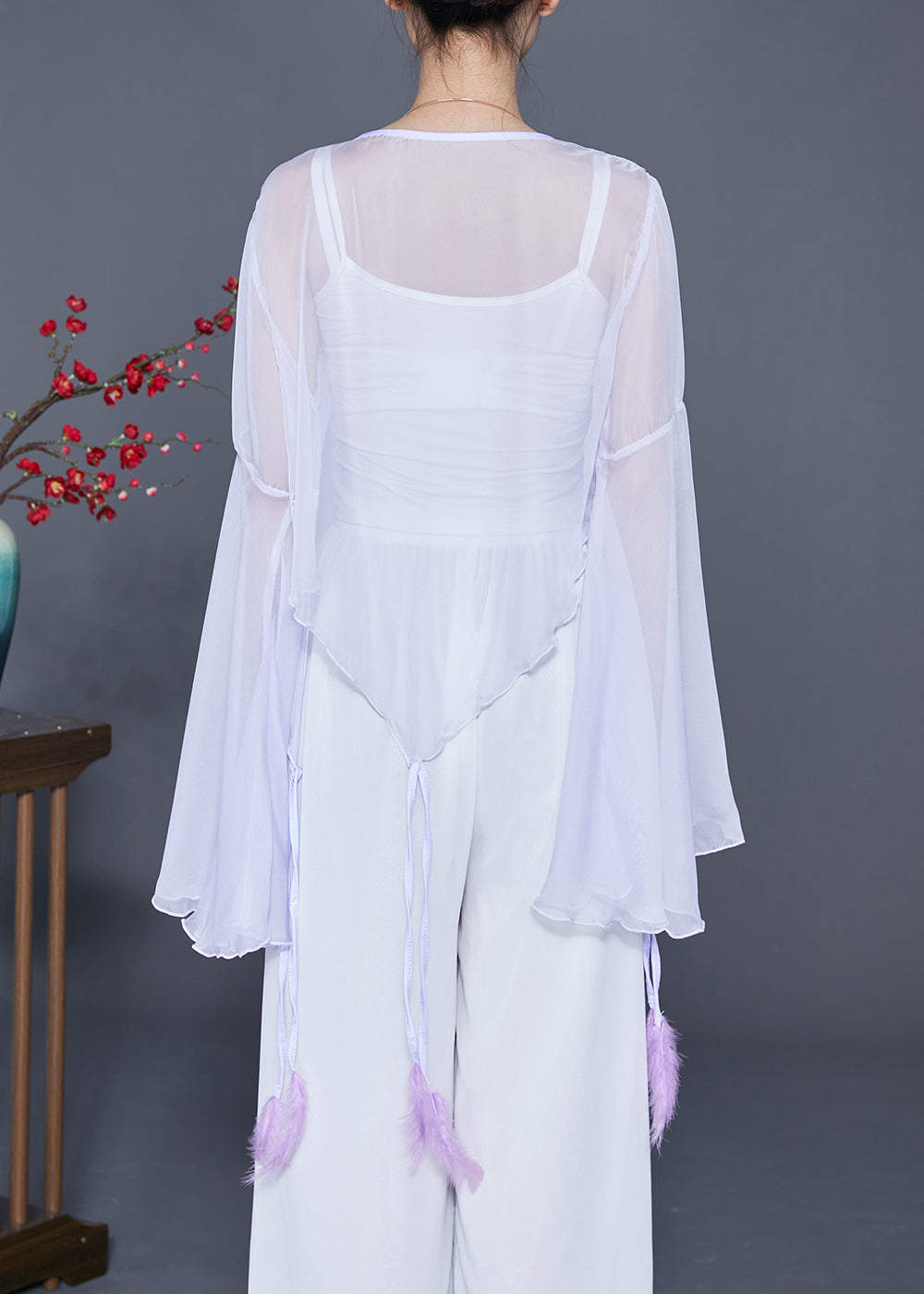 Light Purple Butterfly Embroideried Chiffon Cardigan Flare Sleeve