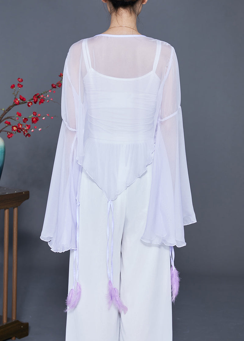 Light Purple Butterfly Embroideried Chiffon Cardigan Flare Sleeve