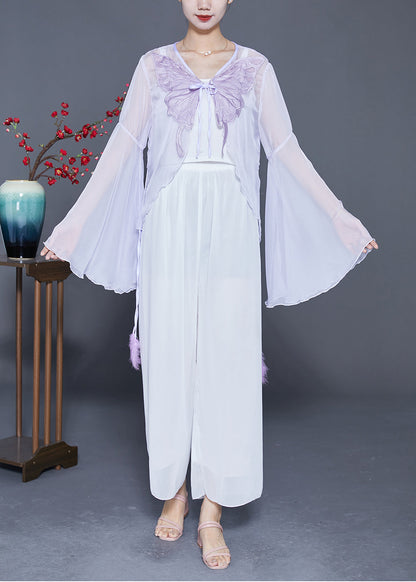 Light Purple Butterfly Embroideried Chiffon Cardigan Flare Sleeve
