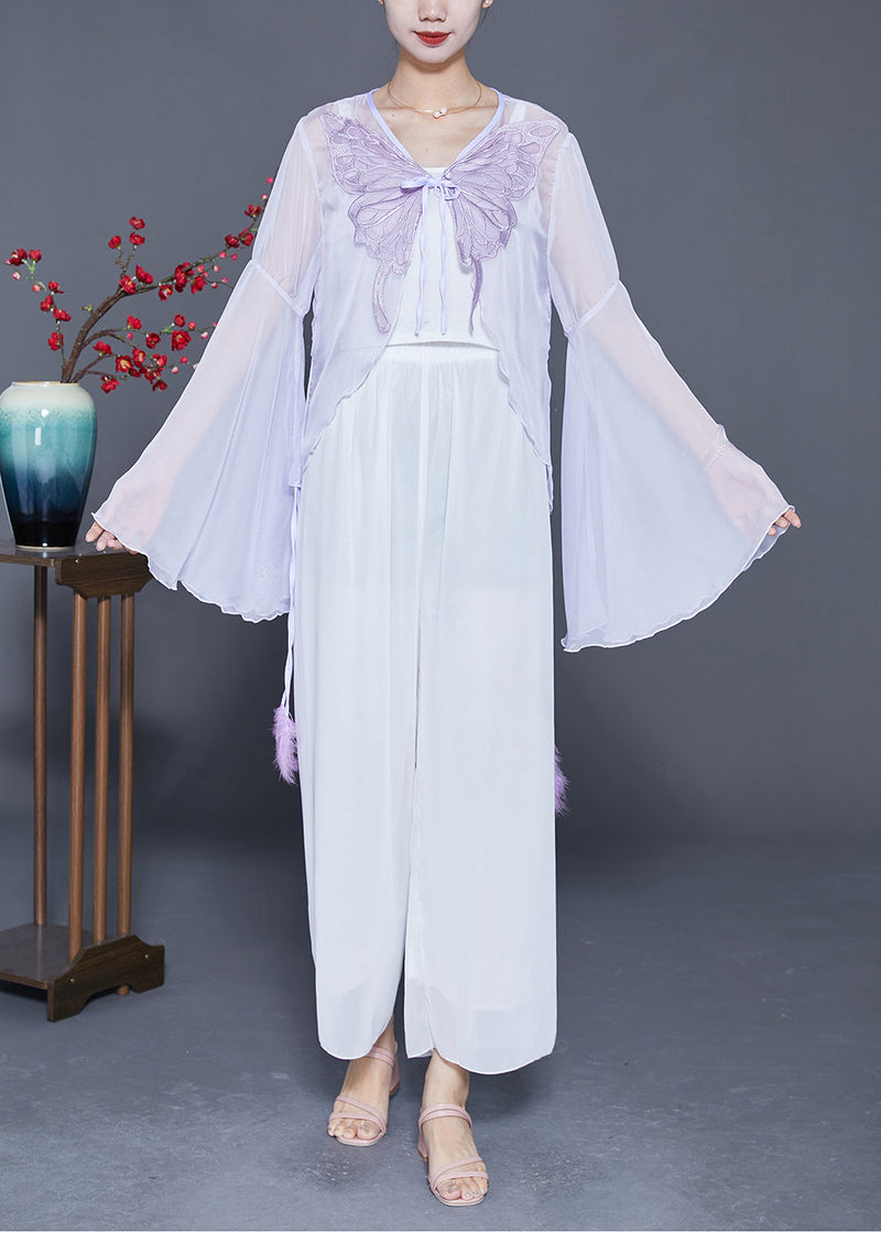 Light Purple Butterfly Embroideried Chiffon Cardigan Flare Sleeve
