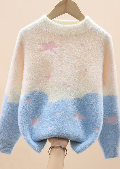 Light Purple O-neck Mink Hair Cotton Knit Sweaters Spring