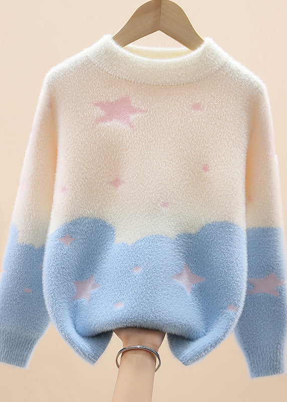 Light Purple O-neck Mink Hair Cotton Knit Sweaters Spring
