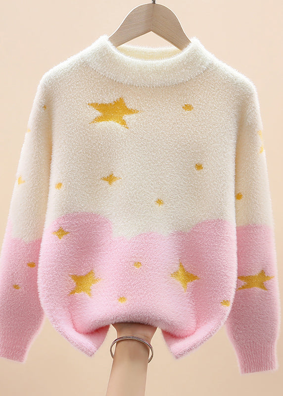 Light Purple O-neck Mink Hair Cotton Knit Sweaters Spring