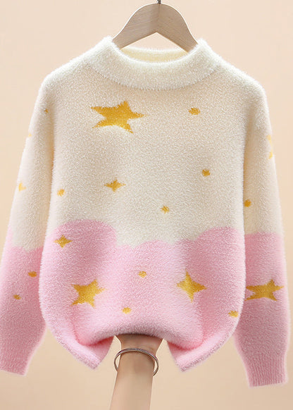 Light Purple O-neck Mink Hair Cotton Knit Sweaters Spring