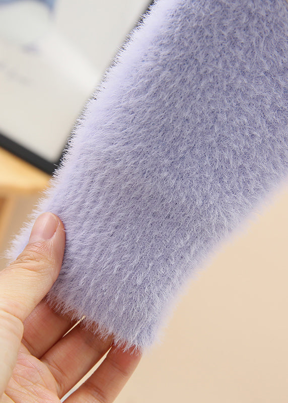 Light Purple O-neck Mink Hair Cotton Knit Sweaters Spring