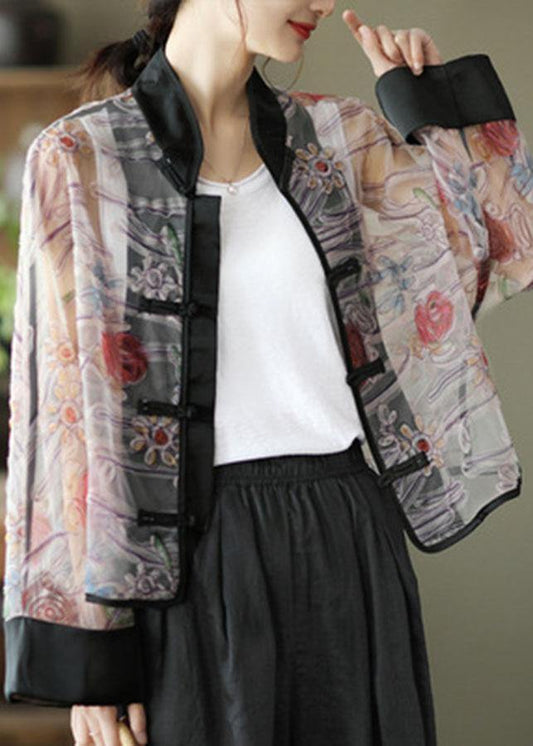 Light Purple Print Tulle Organza Patchwork Oriental Coat Summer