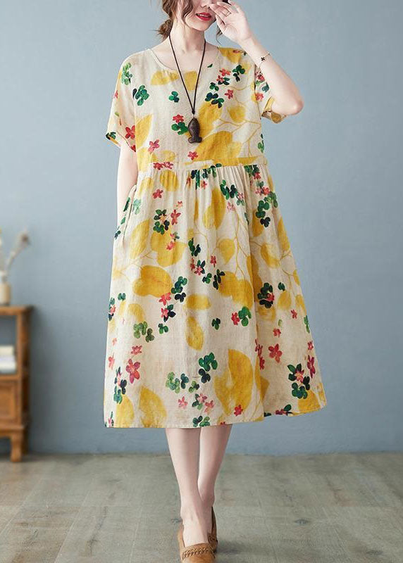 Light Yellow O Neck Pockets Print Patchwork Cotton Dress Summer