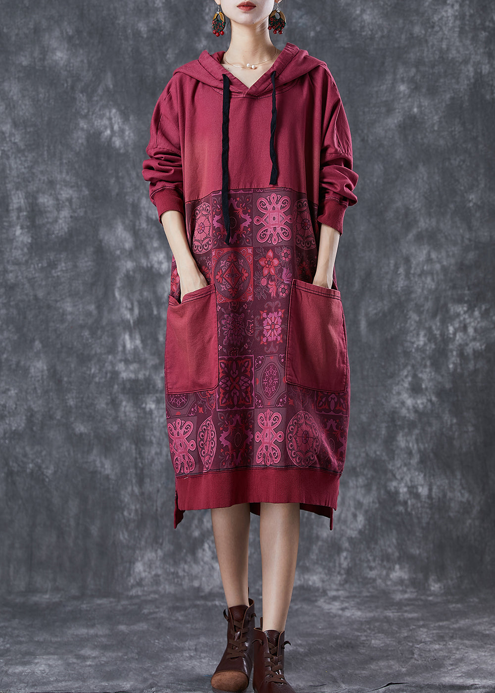 Mulberry Hooded Patchwork Pockets Cotton Sweatshirt Dress Fall
