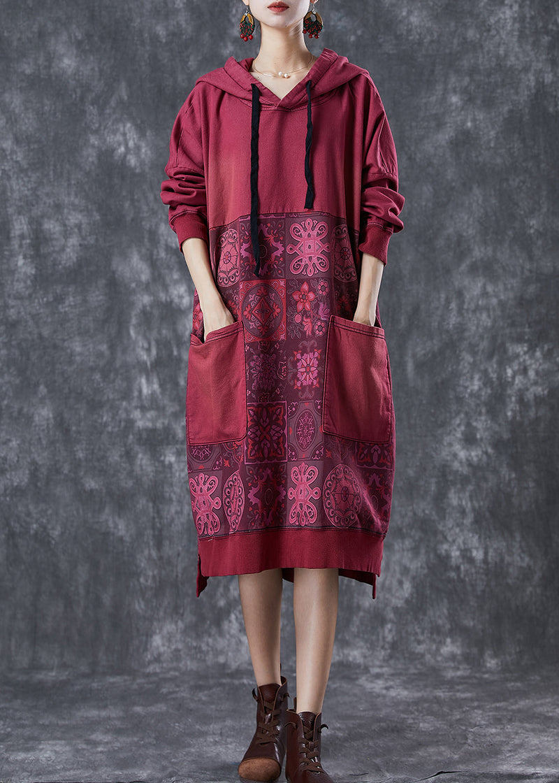 Mulberry Hooded Patchwork Pockets Cotton Sweatshirt Dress Fall