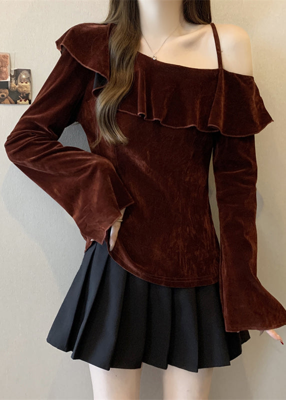 Mulberry One Shoulder Ruffles Silk Velour Top Fall