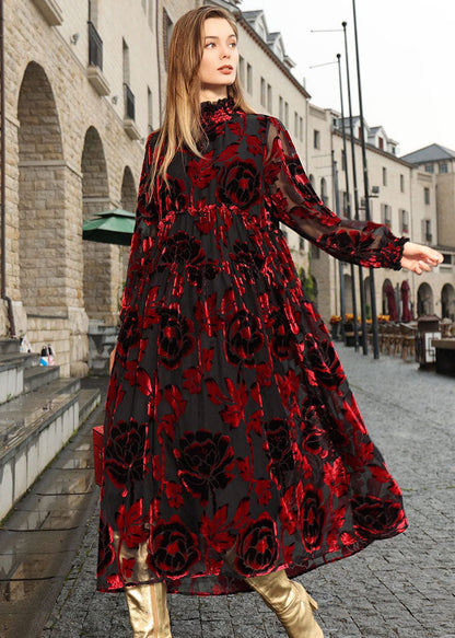Mulberry Ruffled Patchwork Silk Velour Vacation Long Dresses Fall