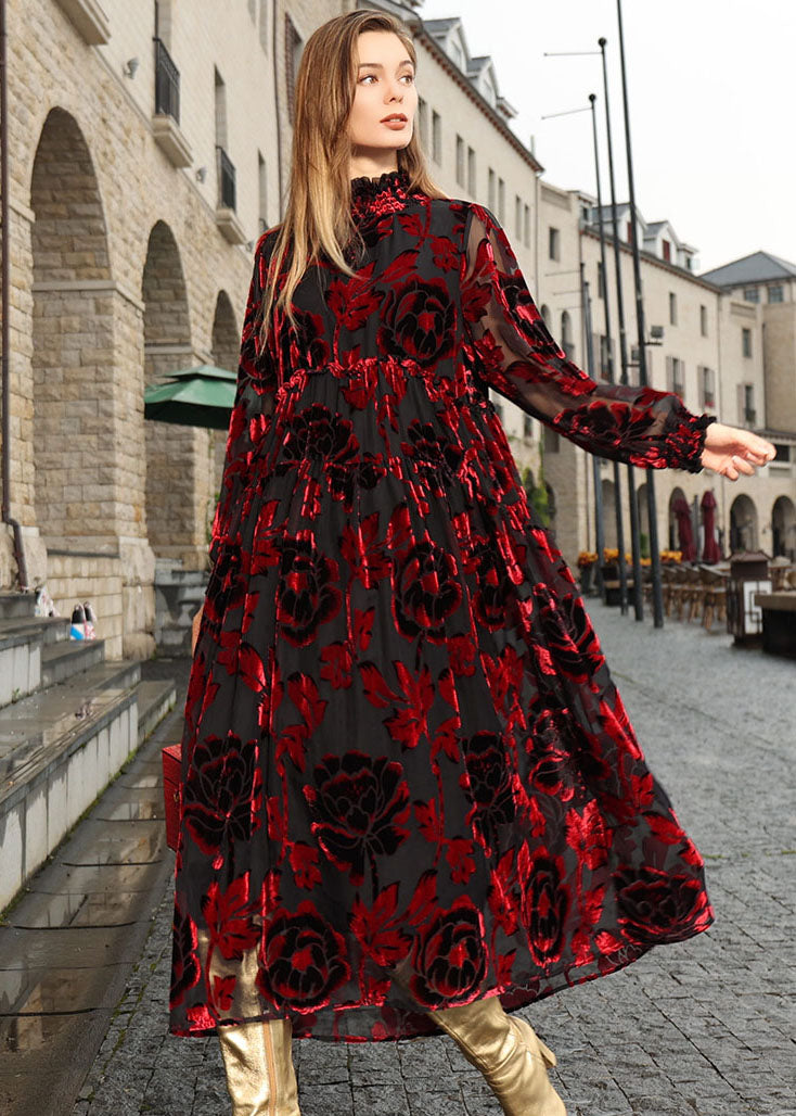 Mulberry Ruffled Patchwork Silk Velour Vacation Long Dresses Fall