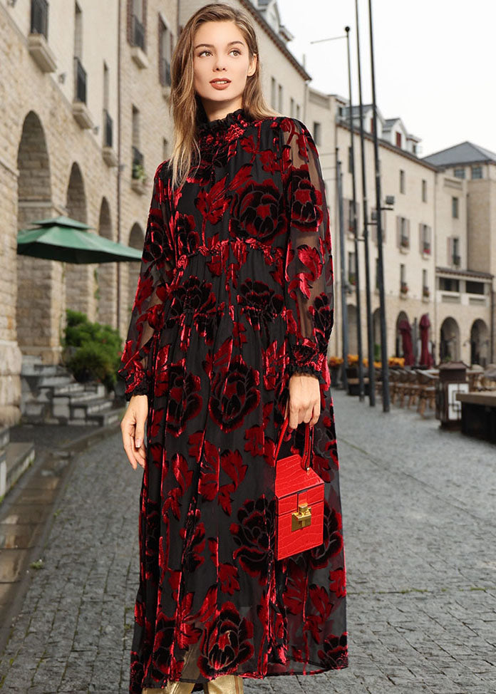 Mulberry Ruffled Patchwork Silk Velour Vacation Long Dresses Fall