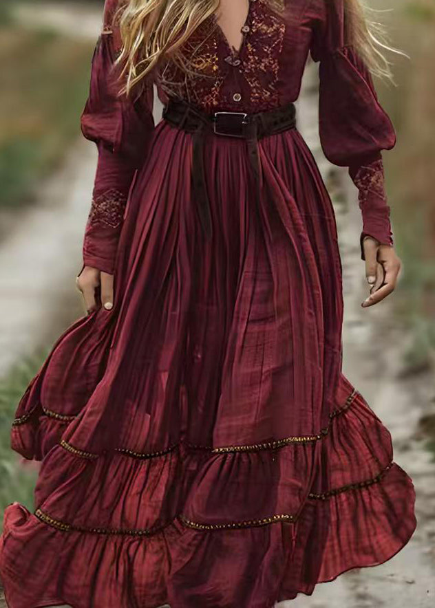 Mulberry V Neck Print Wrinkled Cotton Robe Dresses Spring