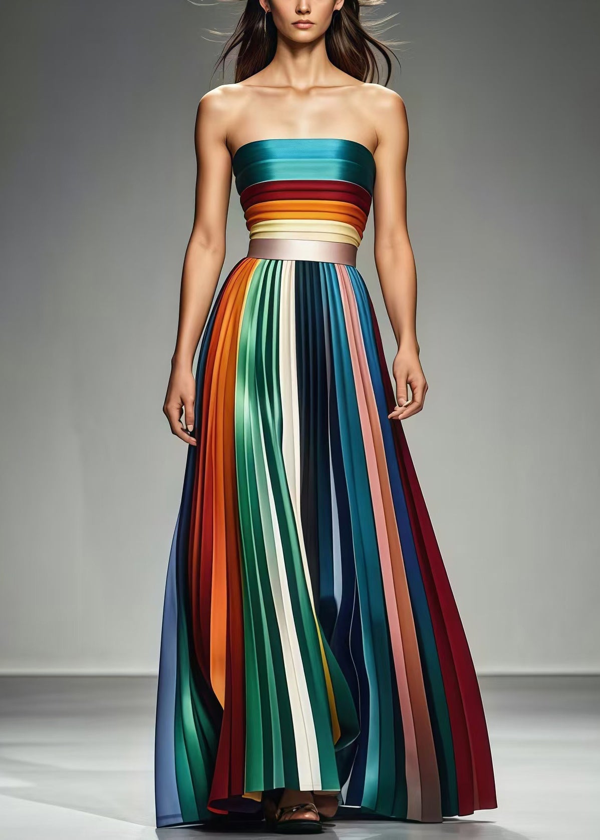Multicolor Cold Shoulder Silm Fit Chiffon Strapless Pleated Summer