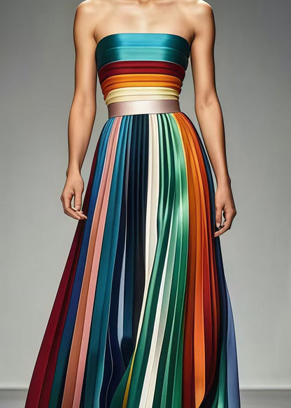 Multicolor Cold Shoulder Silm Fit Chiffon Strapless Pleated Summer