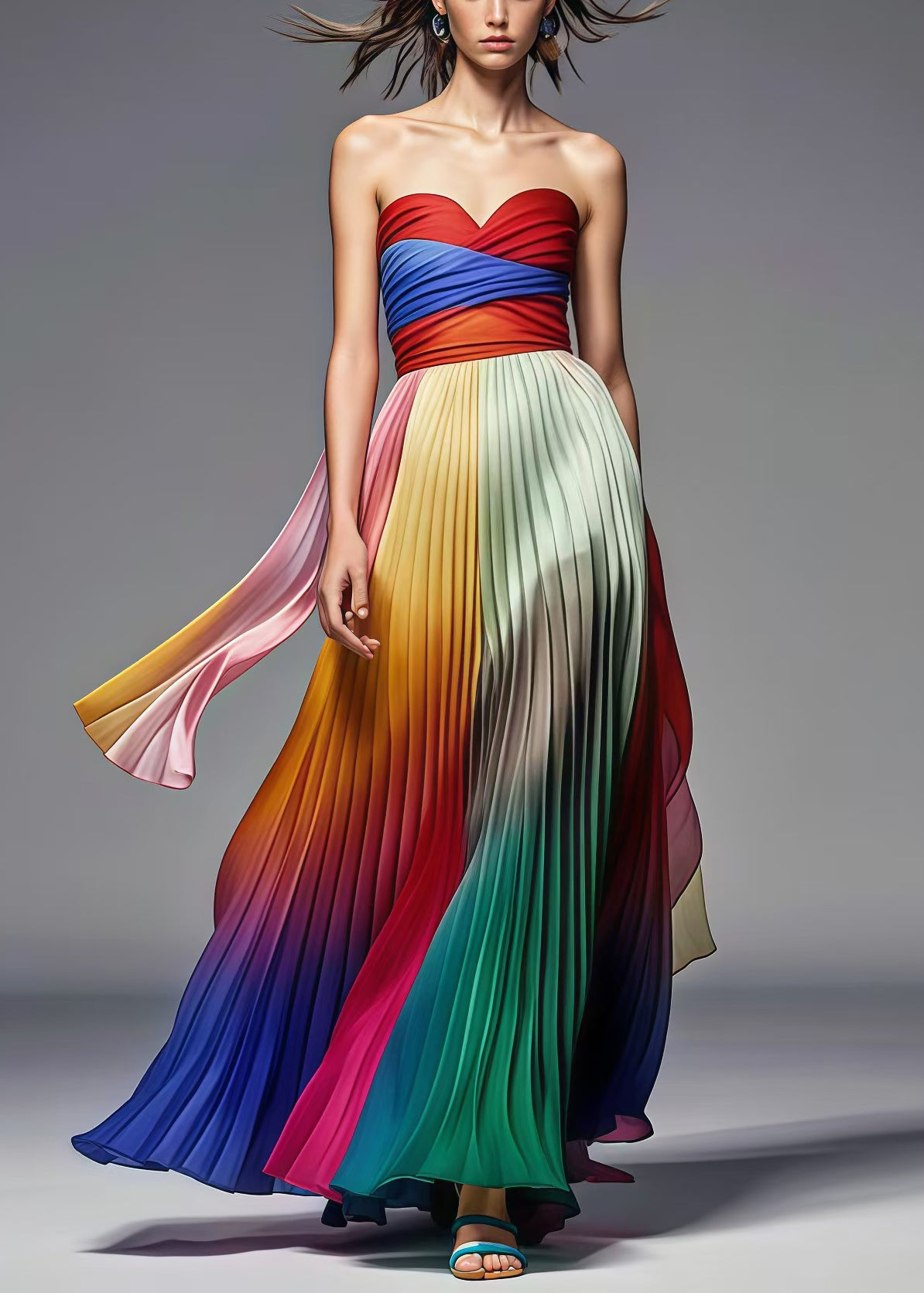 Multicolor Exra Large Hem Chiffon Pleated Strapless Dress Summer