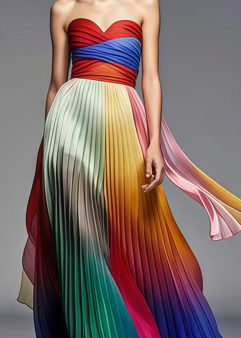 Multicolor Exra Large Hem Chiffon Pleated Strapless Dress Summer