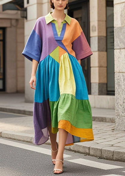 Multicolor Oversized Patchwork Cotton Holiday Dress Summer