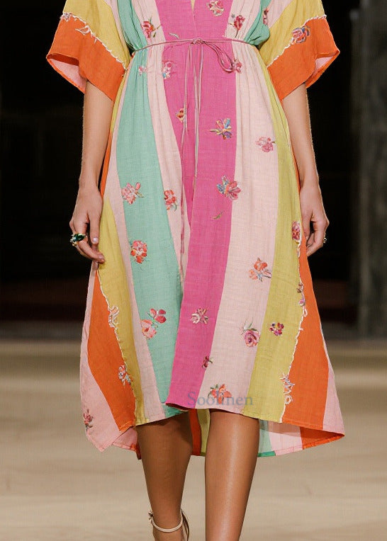 Multicolored Striped Butterfly Cotton Dresses Summer