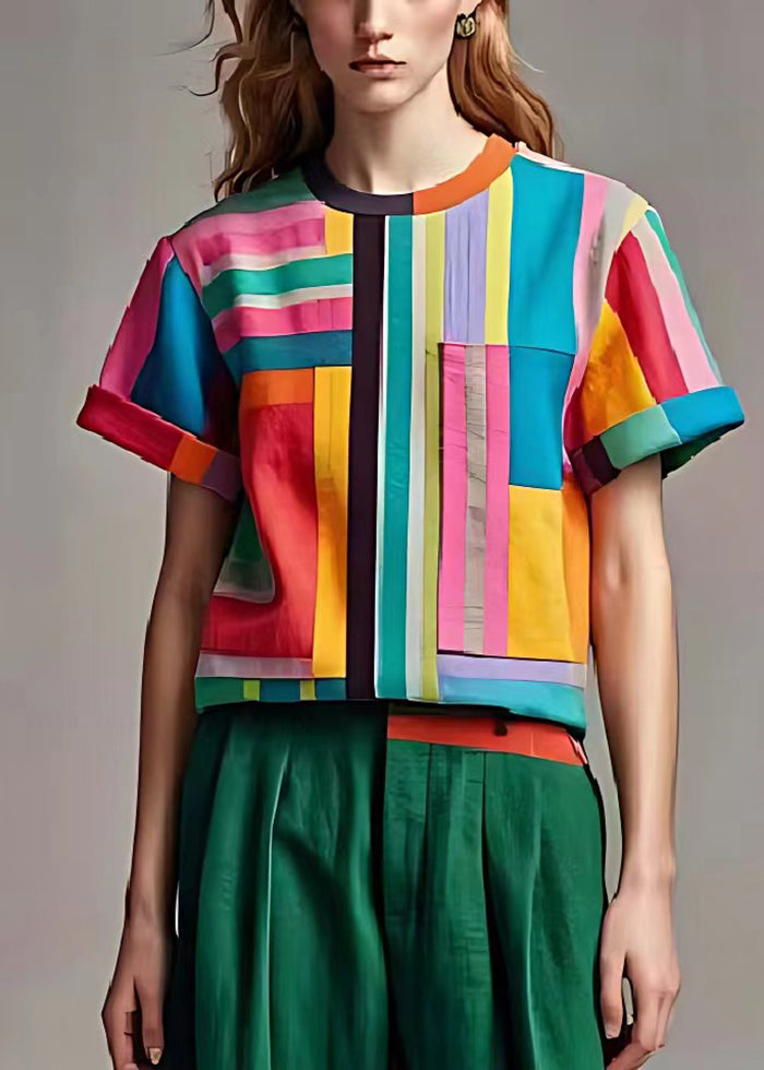 Multicolour Oversized Striped Cotton Tops Summer