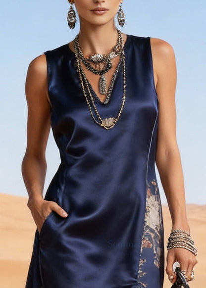 Navy Asymmetrical Patchwork Side Open Silk Holiday Dress Sleeveless