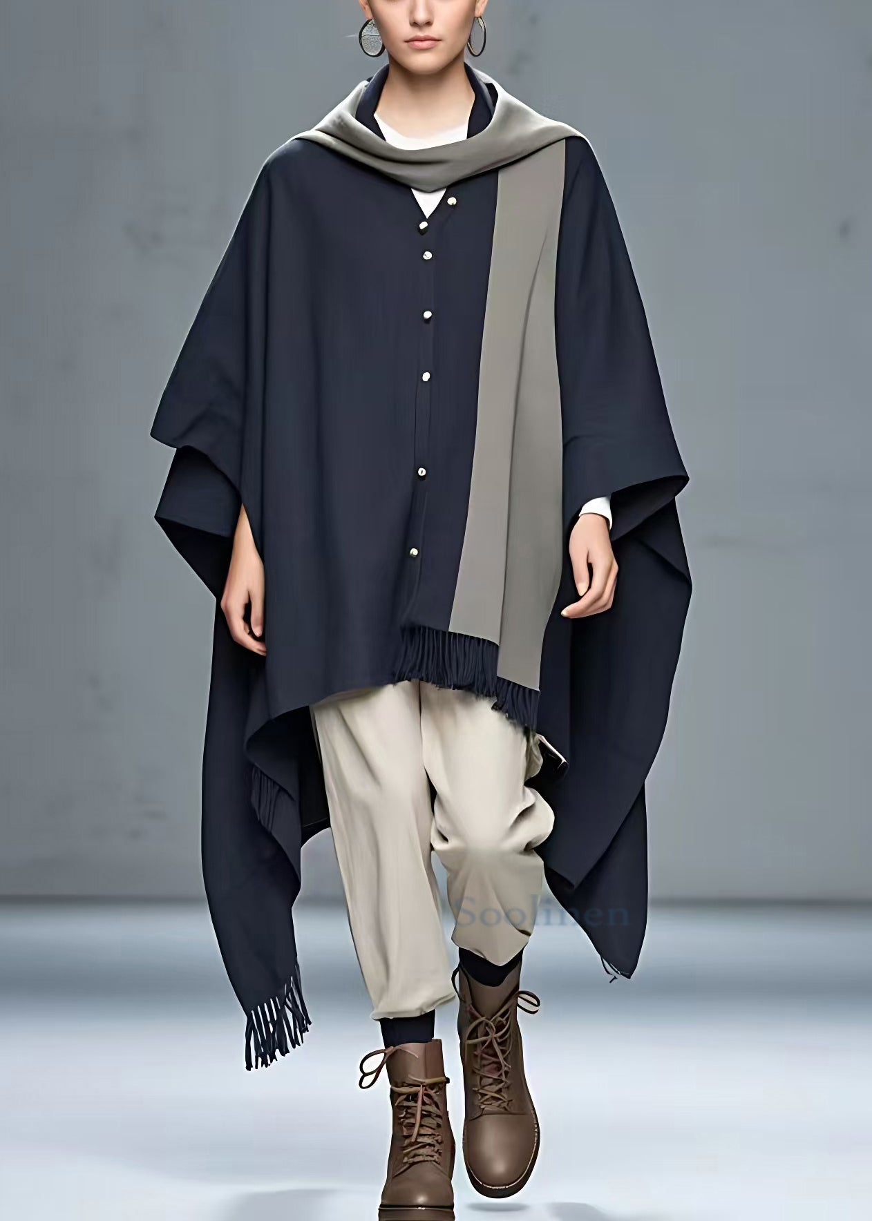 Navy Button Tasseled Patchwork Cotton Coat Long Sleeve