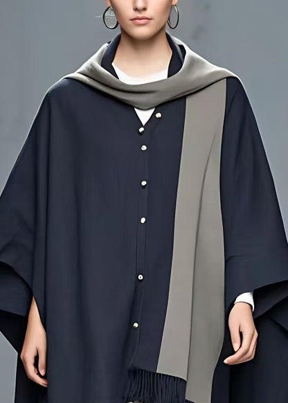 Navy Button Tasseled Patchwork Cotton Coat Long Sleeve