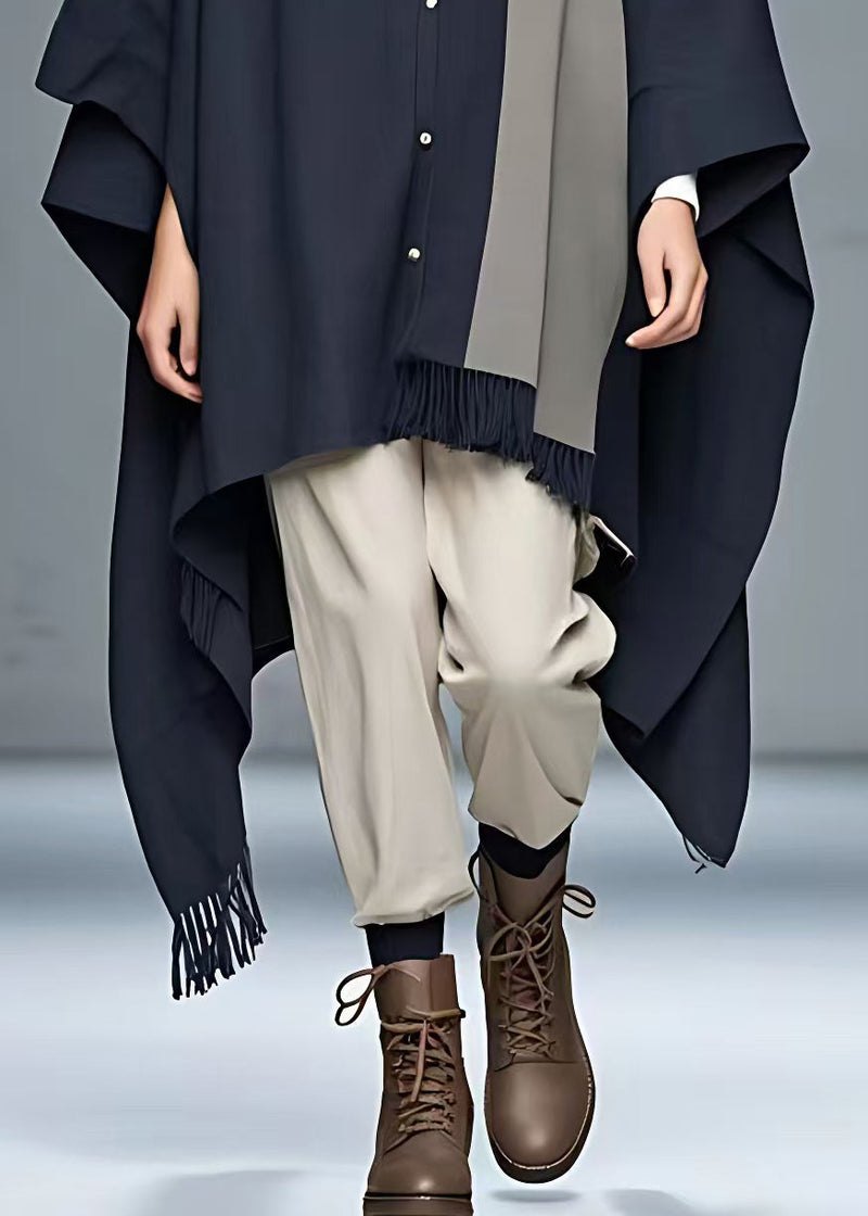 Navy Button Tasseled Patchwork Cotton Coat Long Sleeve