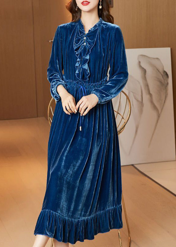 Navy Cinched Patchwork Ruffles Silk Velour Long Dress Spring