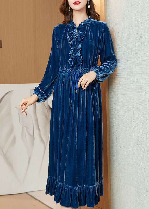 Navy Cinched Patchwork Ruffles Silk Velour Long Dress Spring