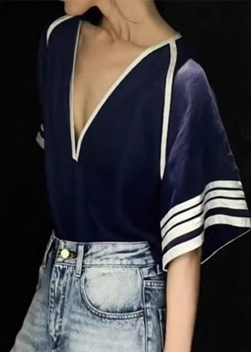 Navy Deep-v Neck Striped Cotton Tanks Summer