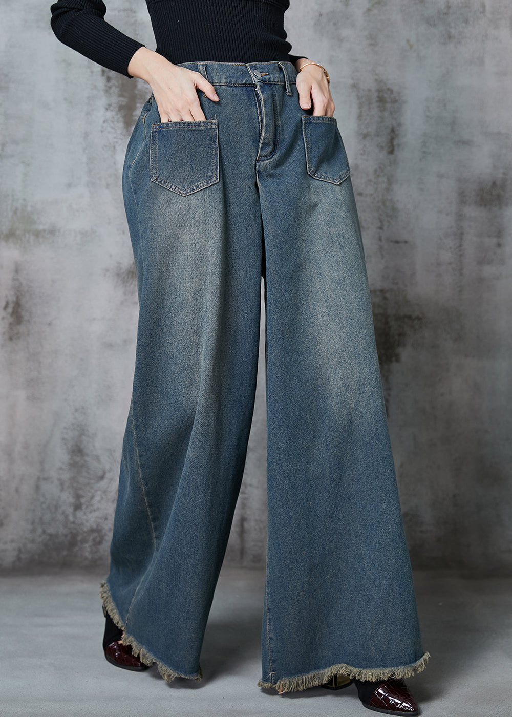 Navy Elastic Waist Pockets Denim Wide Leg Pants Spring