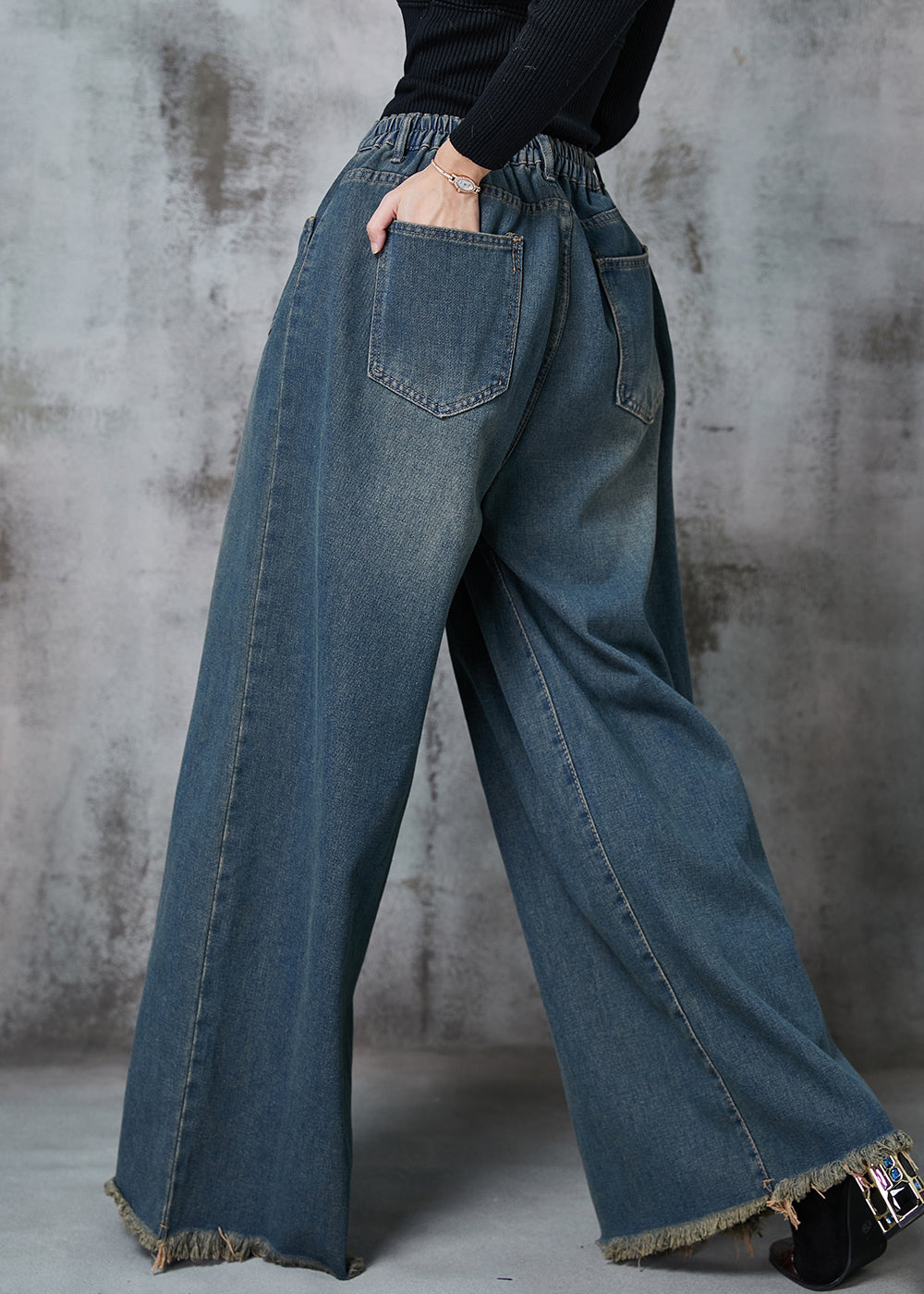 Navy Elastic Waist Pockets Denim Wide Leg Pants Spring