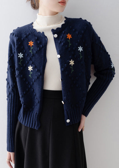 Navy Embroidered Fuzzy Ball Decorated Knit Jacket Winter